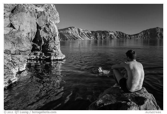 Men swimming in lake, Cleetwood Cove. Crater Lake National Park (black and white)