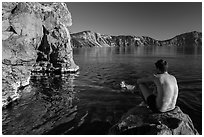 Men swimming in lake, Cleetwood Cove. Crater Lake National Park ( black and white)