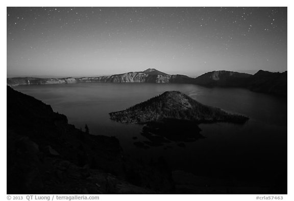 Wizard Island and lake with moonlight. Crater Lake National Park (black and white)