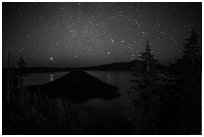 Trees, Wizard Island and lake at night. Crater Lake National Park ( black and white)