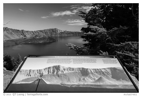 Interpretive sign, Wizard Island and Llao peak. Crater Lake National Park (black and white)