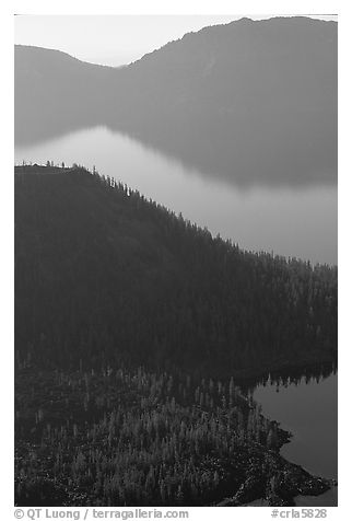 Wizard Island and crater rim profiles, early morning. Crater Lake National Park (black and white)
