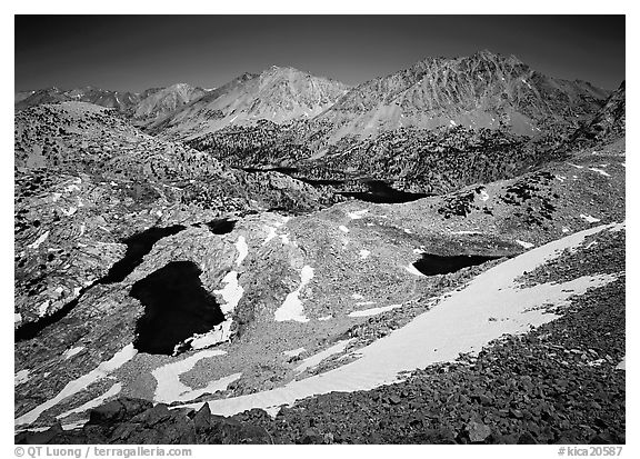 Rae Lakes basin from high pass. Kings Canyon National Park (black and white)