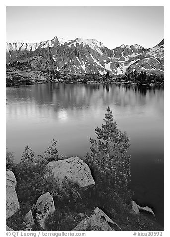 Boulders, tree, and Woods Lake at sunset. Kings Canyon National Park (black and white)