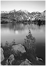 Boulders, tree, and Woods Lake at sunset. Kings Canyon National Park ( black and white)