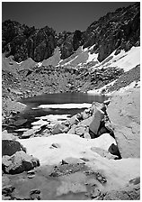 Alpine lake in early summer. Kings Canyon National Park, California, USA. (black and white)
