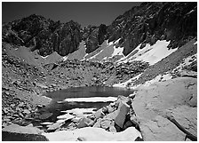 Alpine lake in early summer. Kings Canyon National Park ( black and white)