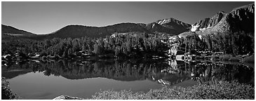 Clear lake with mountain range reflected. Kings Canyon  National Park (Panoramic black and white)