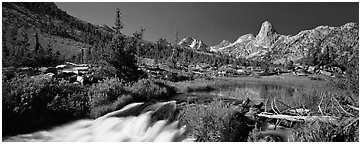 Clear cascading stream and peak. Kings Canyon National Park (Panoramic black and white)