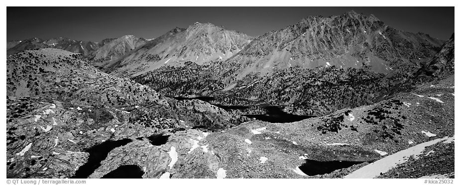 Mineral mountain landscape dotted with lakes. Kings Canyon National Park (black and white)