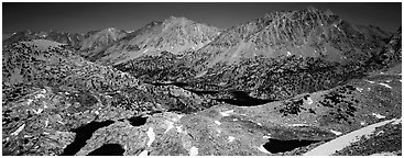 Mineral mountain landscape dotted with lakes. Kings Canyon National Park (Panoramic black and white)