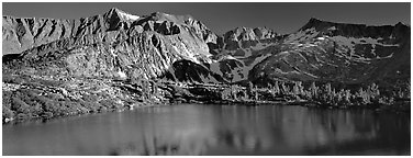 Sierra Mountains and lake in early summer. Kings Canyon National Park (Panoramic black and white)