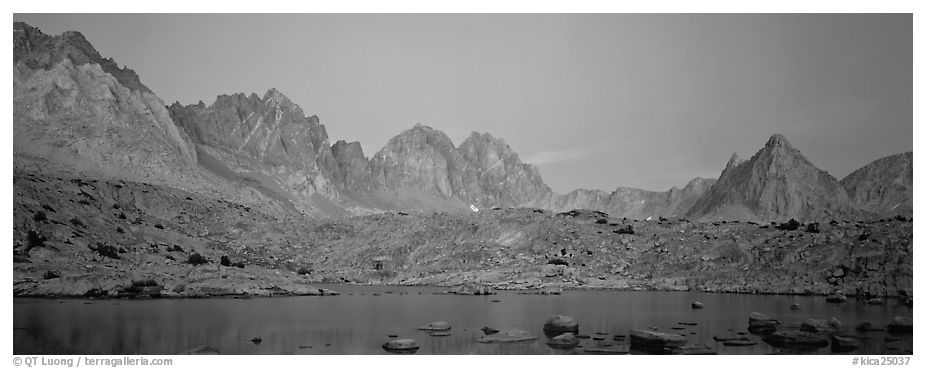 Pink light on High Sierra and lake at twilight. Kings Canyon National Park (black and white)