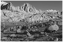 Glacial erratic boulders and mountains, Dusy Basin. Kings Canyon National Park ( black and white)