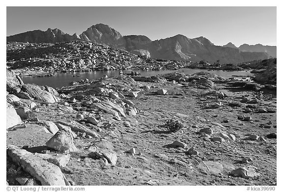 Alpine meadow, lake, and mountains, Dusy Basin. Kings Canyon National Park (black and white)