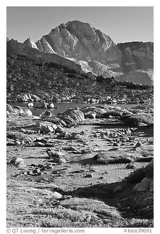 Alpine meadow, lake, and Mt Giraud, Dusy Basin. Kings Canyon National Park (black and white)