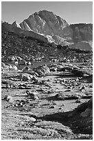 Alpine meadow, lake, and Mt Giraud, Dusy Basin. Kings Canyon National Park ( black and white)