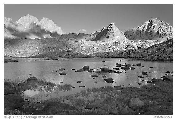 North Palissade, Isocele Peak and Mt Giraud reflected in lake, Dusy Basin. Kings Canyon National Park (black and white)