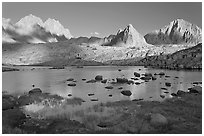 North Palissade, Isocele Peak and Mt Giraud reflected in lake, Dusy Basin. Kings Canyon National Park ( black and white)
