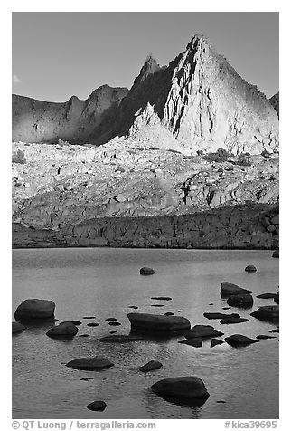 Isocele Peak reflected in lake, late afternoon, Dusy Basin. Kings Canyon National Park (black and white)