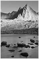 Isocele Peak reflected in lake, late afternoon, Dusy Basin. Kings Canyon National Park ( black and white)