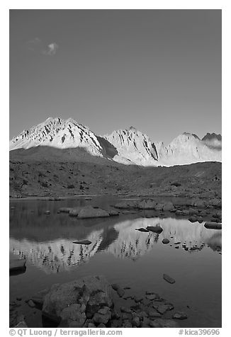 Palissades chain reflected in lake, Dusy Basin. Kings Canyon National Park (black and white)