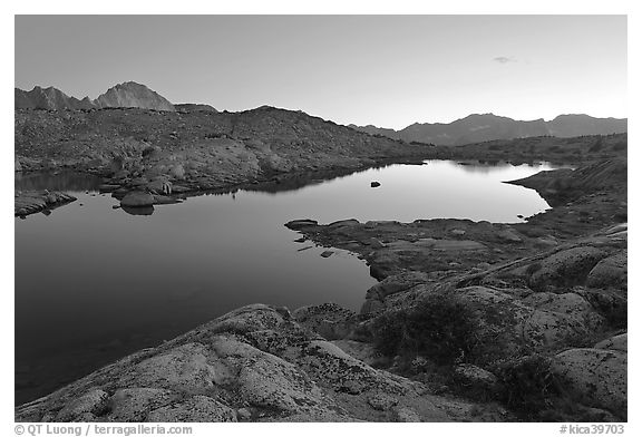 Lake and mountains at dusk, Dusy Basin. Kings Canyon National Park (black and white)