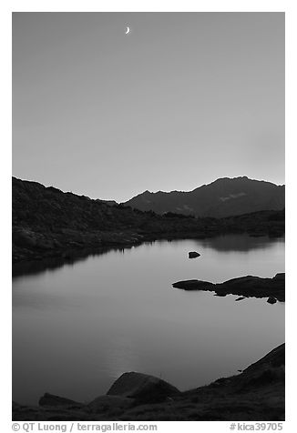 Lake and mountains with moon, Dusy Basin. Kings Canyon National Park (black and white)