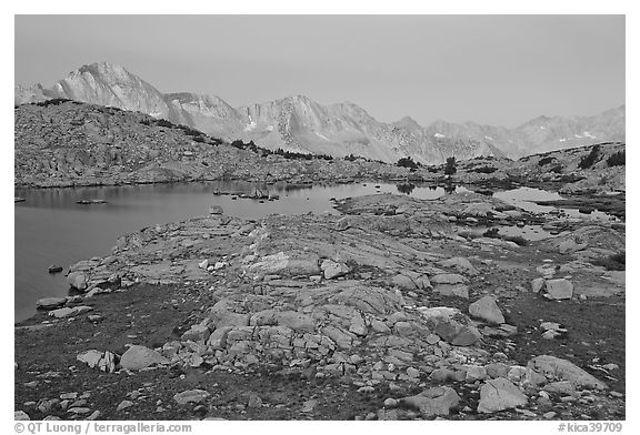 Alpine landscape, lakes and mountains at dawn, Dusy Basin. Kings Canyon National Park (black and white)