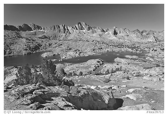 Alpine terrain, lakes and mountains, morning, Dusy Basin. Kings Canyon National Park (black and white)