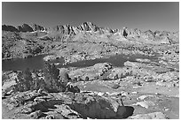 Alpine terrain, lakes and mountains, morning, Dusy Basin. Kings Canyon National Park ( black and white)