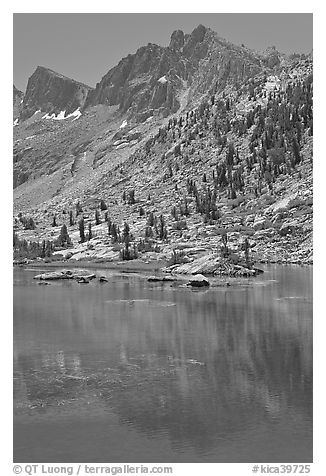 Mt Giraud and lake, Lower Dusy Basin. Kings Canyon National Park (black and white)