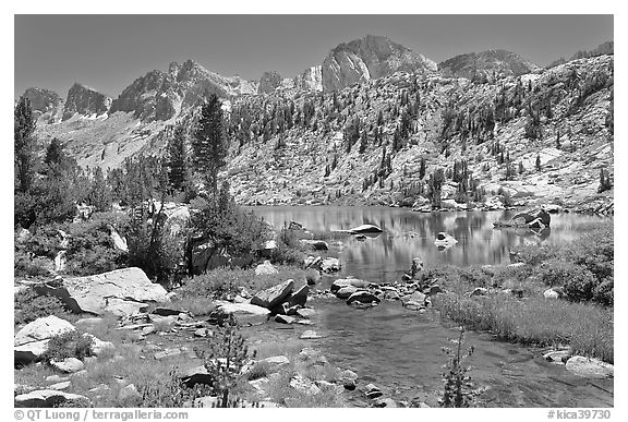 Outlet stream, lake, and mountains, Lower Dusy Basin. Kings Canyon National Park (black and white)