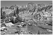 Outlet stream, lake, and mountains, Lower Dusy Basin. Kings Canyon National Park ( black and white)
