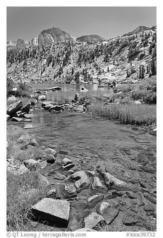 Stream, lake, and Mt Giraud, Lower Dusy Basin. Kings Canyon National Park (black and white)