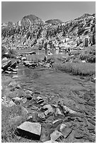 Stream, lake, and Mt Giraud, Lower Dusy Basin. Kings Canyon National Park ( black and white)