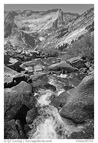 Stream plunges towards Le Conte Canyon. Kings Canyon National Park (black and white)