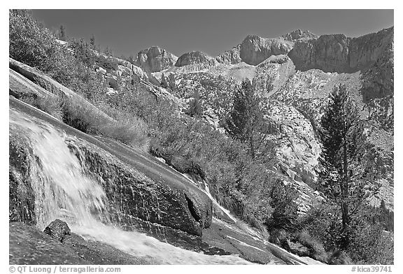 Waterfall, and mountains, Le Conte Canyon. Kings Canyon National Park (black and white)