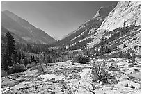 Rocks and meadows, Le Conte Canyon. Kings Canyon National Park, California, USA. (black and white)