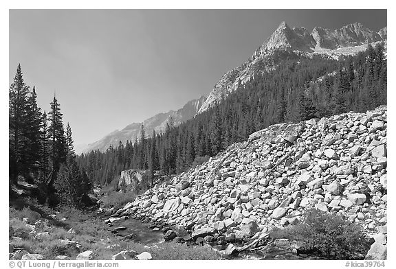 Scree slope, river, and The Citadel, Le Conte Canyon. Kings Canyon National Park (black and white)