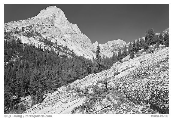 Granite slab and Langille Peak, Le Conte Canyon. Kings Canyon National Park (black and white)