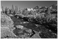 Stream and Mt Giraud chain, Lower Dusy basin. Kings Canyon National Park ( black and white)