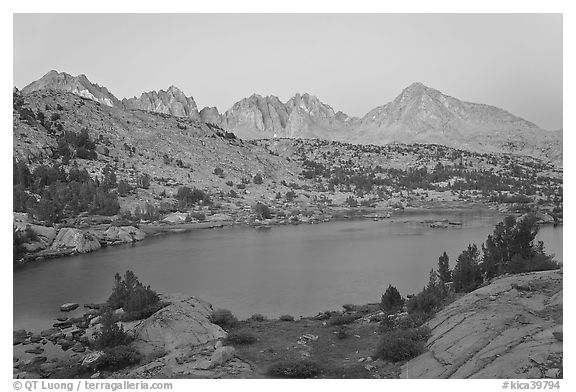 Columbine Peak and Palissades above lake at dusk, Lower Dusy basin. Kings Canyon National Park (black and white)