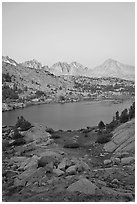 Palissades and Columbine Peak above lake at dusk, Lower Dusy basin. Kings Canyon National Park ( black and white)