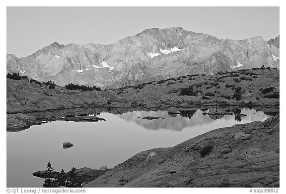 Mountains and lake, upper Dusy basin, sunrise. Kings Canyon National Park (black and white)