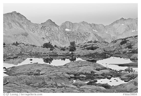 Alpine lakes and mountain range at dawn, Dusy Basin. Kings Canyon National Park (black and white)