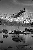 Isoceles Peak reflected in a lake in Dusy Basin, late afternoon. Kings Canyon National Park, California, USA. (black and white)