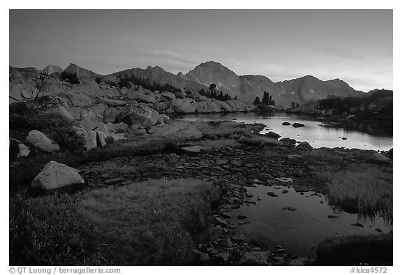 Ponds in Dusy Basin and Mt Giraud, sunset. Kings Canyon National Park (black and white)