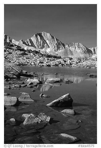 Mt Giraud reflected in a lake in Dusy Basin, morning. Kings Canyon National Park (black and white)