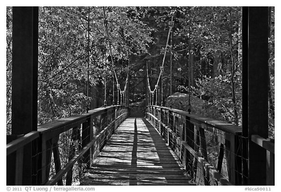 Suspension footbridge to Zumwalt Meadow. Kings Canyon National Park (black and white)